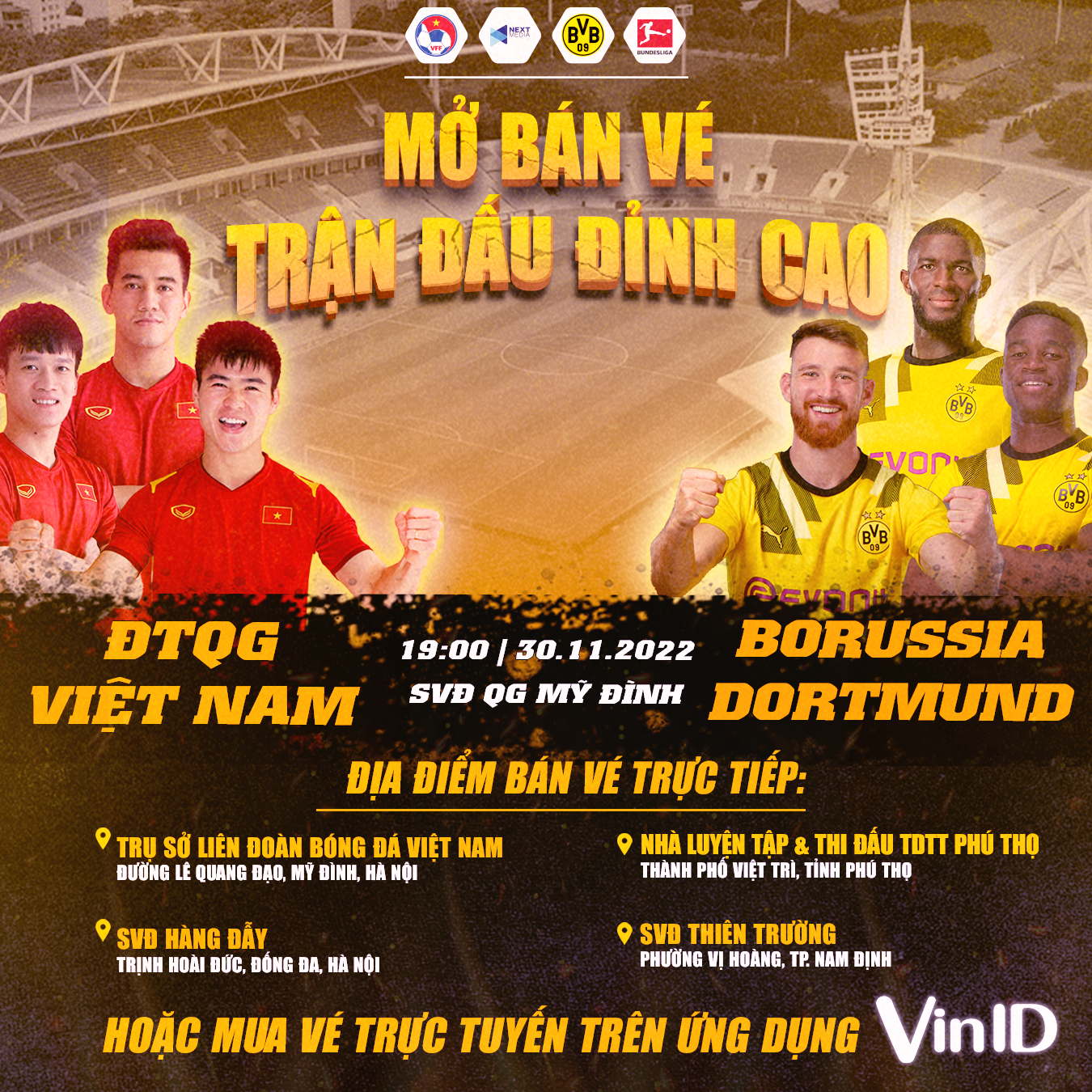 Trận Việt Nam vs Dortmund được mở bán vé trực tiếp tại 3 thành phố 