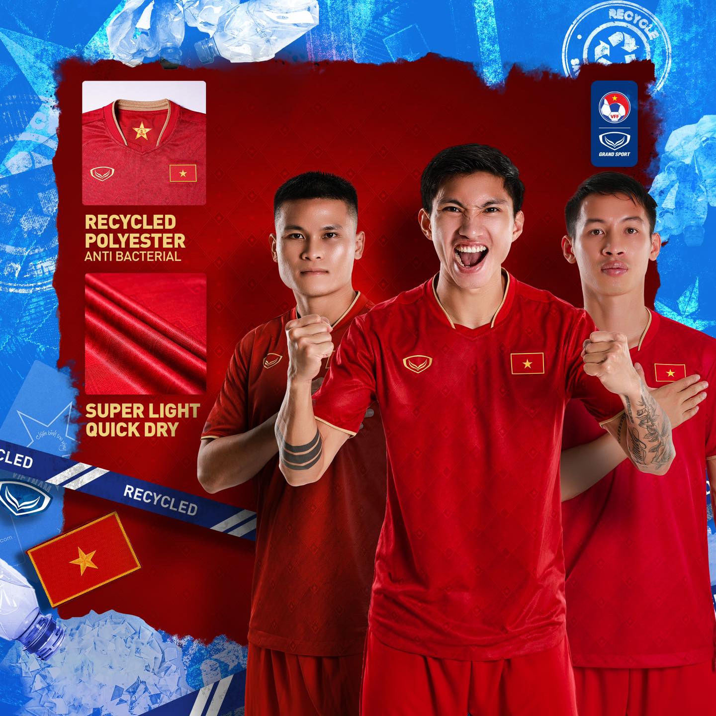 Mẫu áo đấu mới của ĐT Việt Nam được Grand Sport sản xuất bằng vật liệu tái chế 