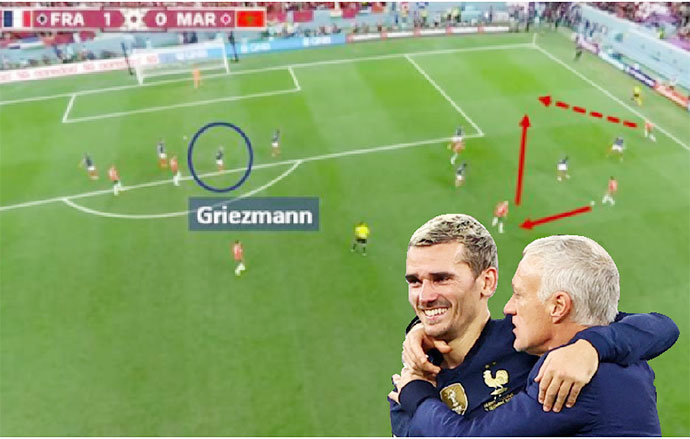 Griezmann lùi sâu hỗ trợ đồng đội phòng ngự và là người phá bóng giải nguy trong một đợt tấn công của Morocco