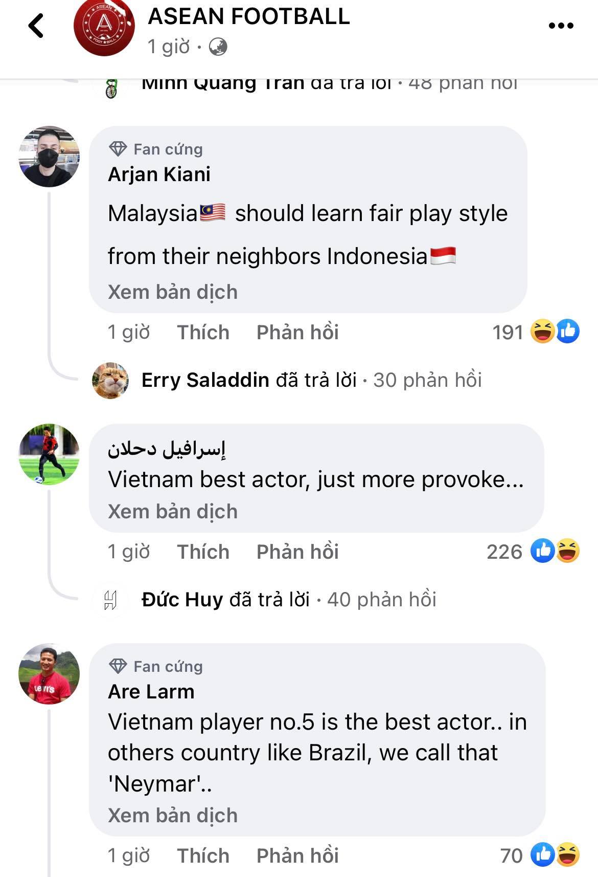 CĐV Malaysia có bình luận bức xúc trên trang Asean Football 