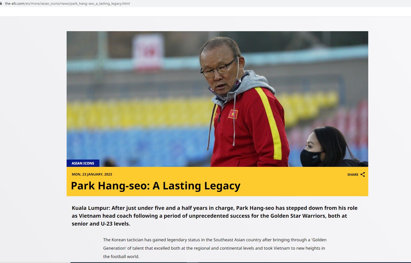 Bài viết về HLV Park Hang Seo trên trang chủ của AFC