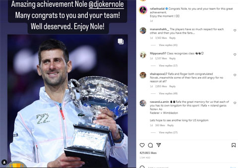 Nadal chúc mừng Djokovic qua Instagram