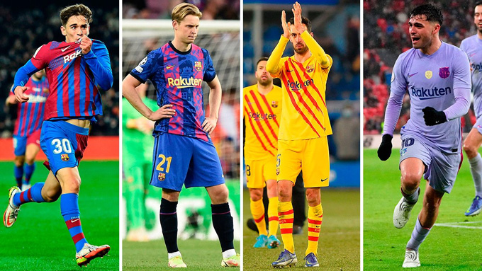 De Jong (thứ 2 từ trái qua) chỉ là sự lựa chọn thứ yếu nơi hàng tiền vệ Barca sau Gavi, Busquets và Pedri