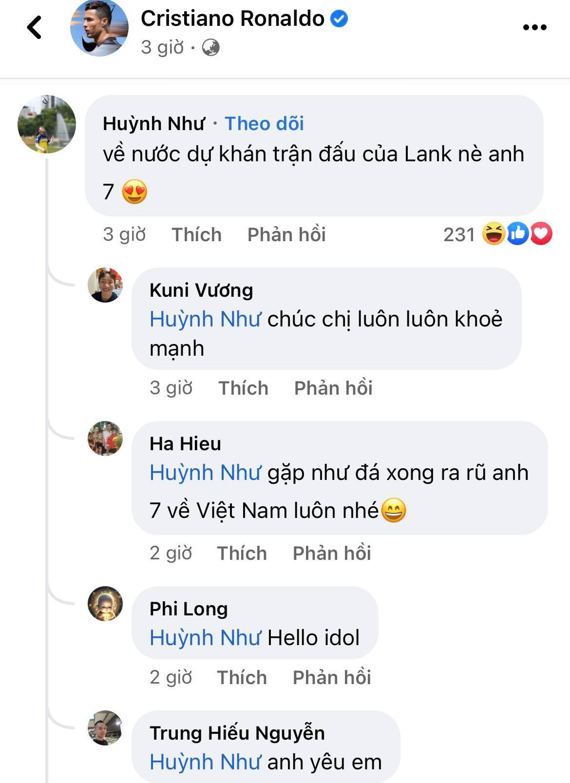 Huỳnh Như đưa ra lời mời dễ thương gửi đến Ronaldo - Ảnh: FBNV 