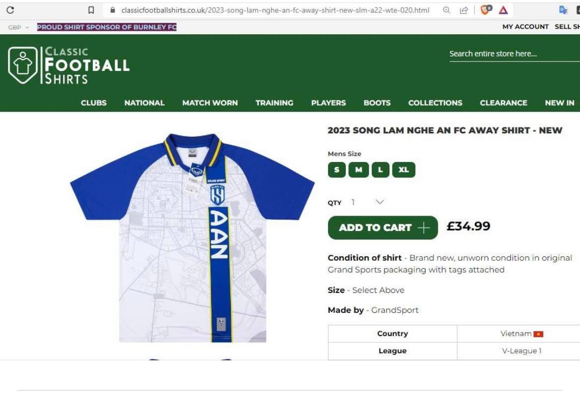 Áo đấu của SLNA được rao bán trên trang classic football shirts - chuyên trang áo bóng đá uy tín hàng đầu của Anh Quốc 