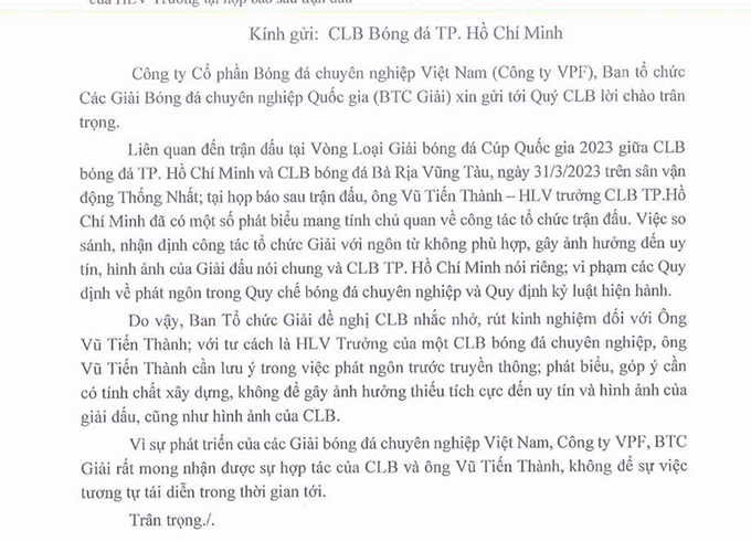 Công văn của VPF gửi đến CLB TP.HCM