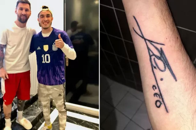 Juan xăm chữ ký của Messi lên người