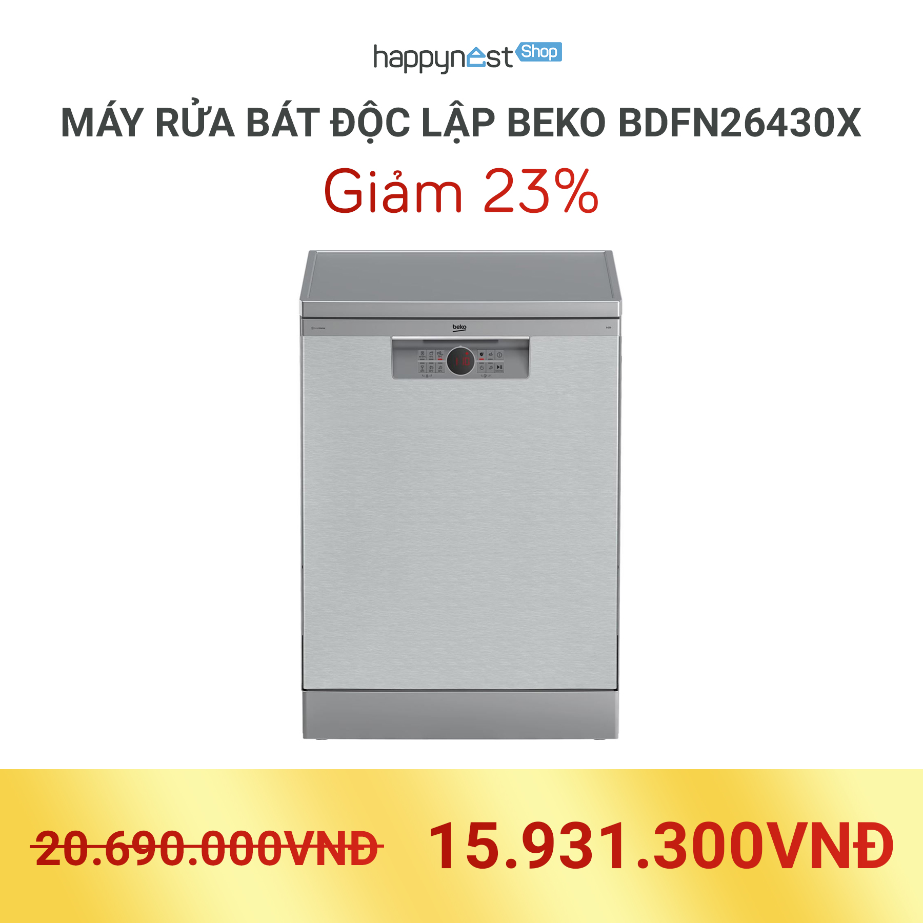 Máy rửa bát độc lập Beko BDFN26430X hoạt động với công suất 1800 - 2100W cùng chế độ tiết kiệm năng lượng tối ưu