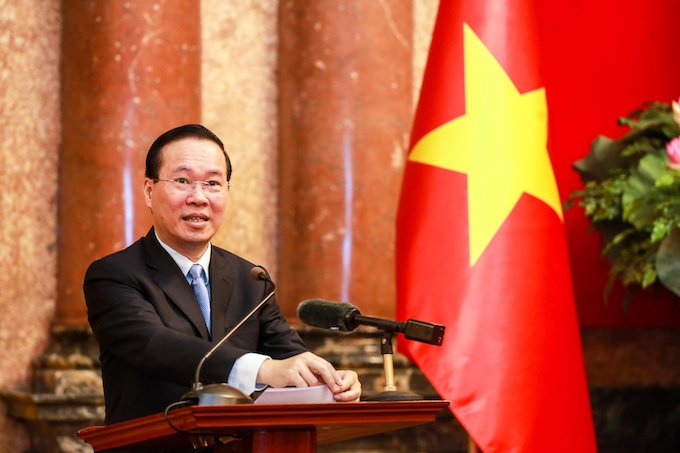Chủ tịch nước Võ Văn Thưởng phát biểu tại buổi gặp gỡ đoàn thể thao Việt Nam. Ảnh: Bùi Lượng