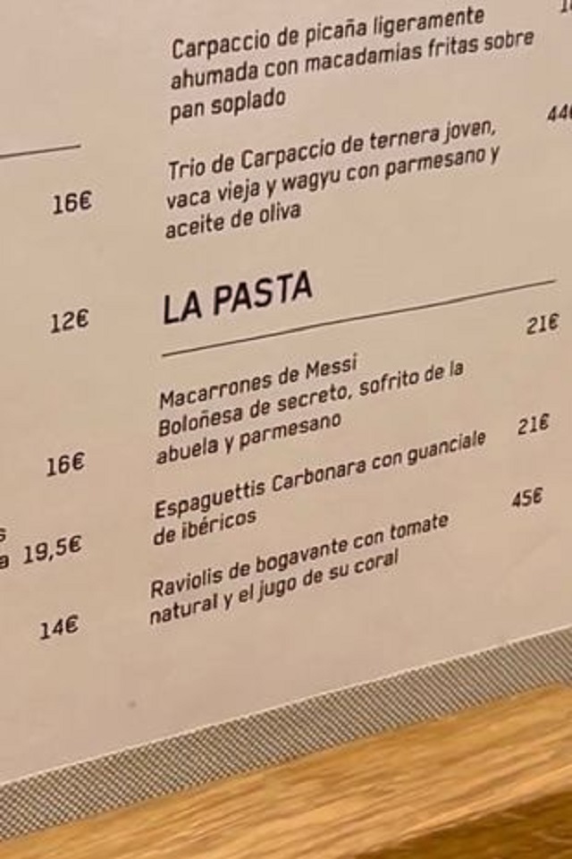 Expensive menu in Messi's Hincha restaurant