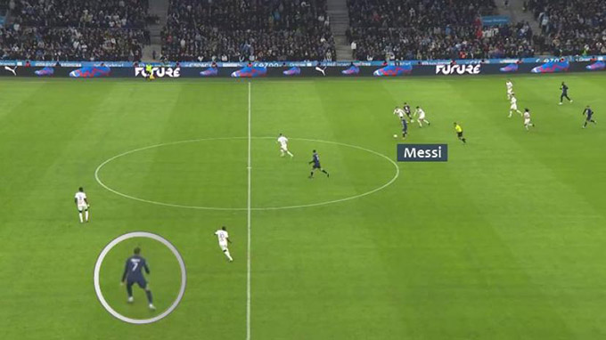 Messi vừa nhận bóng từ Vitinha trong trận OM-PSG (tỉ số 0-3, hôm 26/2). Mbappe nhìn thấy anh và thay đổi chân trụ. Mbappe thực hiện một pha chạy chéo vào giữa Tavares và Bailly