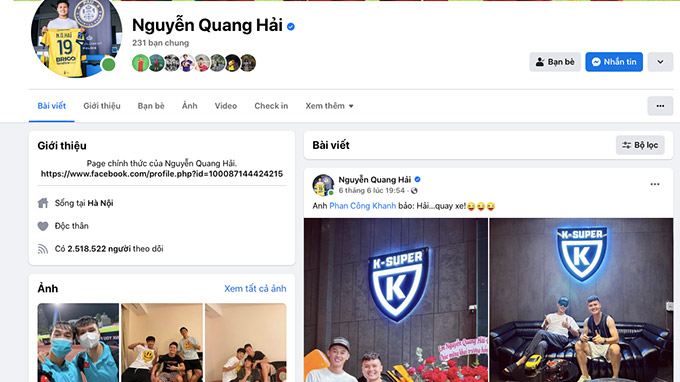 Facebook của Quang Hải đã để độ độc thân. Ảnh: Chụp màn hình