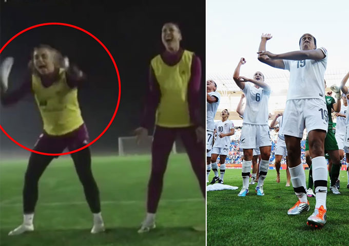 Cầu thủ ĐT nữ Tây Ban Nha (ảnh trái) chế nhạo điệu nhảy Haka của New Zealand