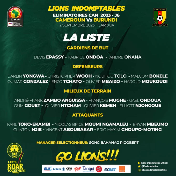 Danh sách 24 cầu thủ được triệu tập lên ĐT Cameroon
