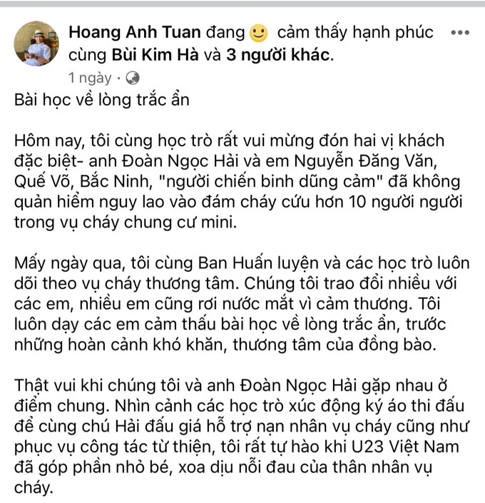 Những dòng chia sẻ của HLV Hoàng Anh Tuấn khi nói về người hùng Nguyễn Đăng Văn.