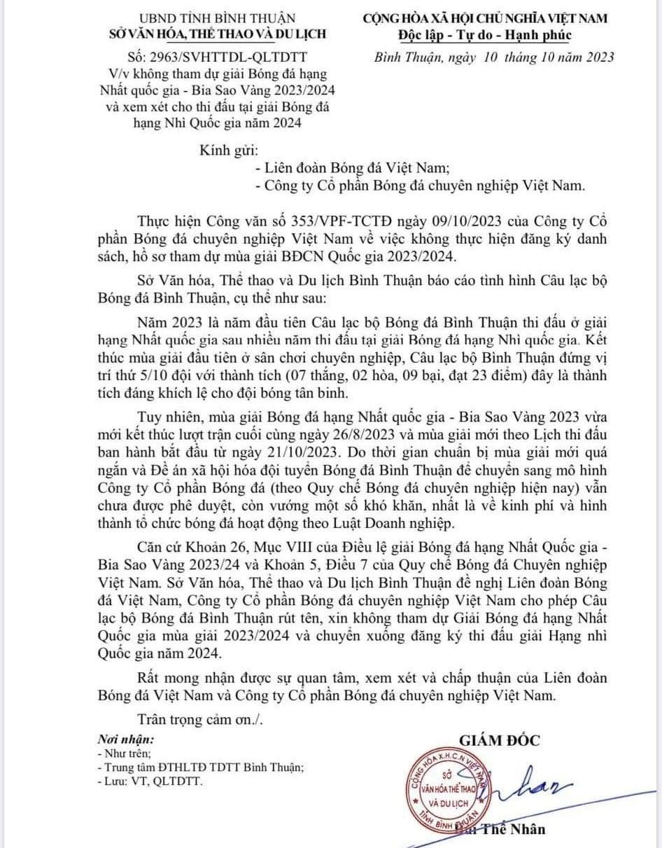 Công văn xin rút lui khỏi giải hạng Nhất của Bình Thuận 