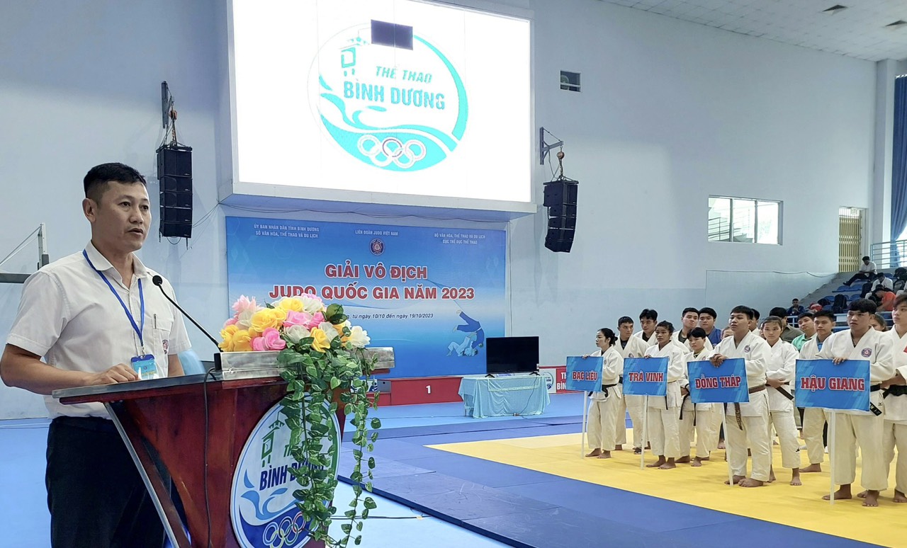 Ông Nguyễn Hữu An – Phụ trách bộ môn Judo Cục Thể dục Thể thao, Phó trưởng Ban tổ chức phát biểu khai mạc giải
