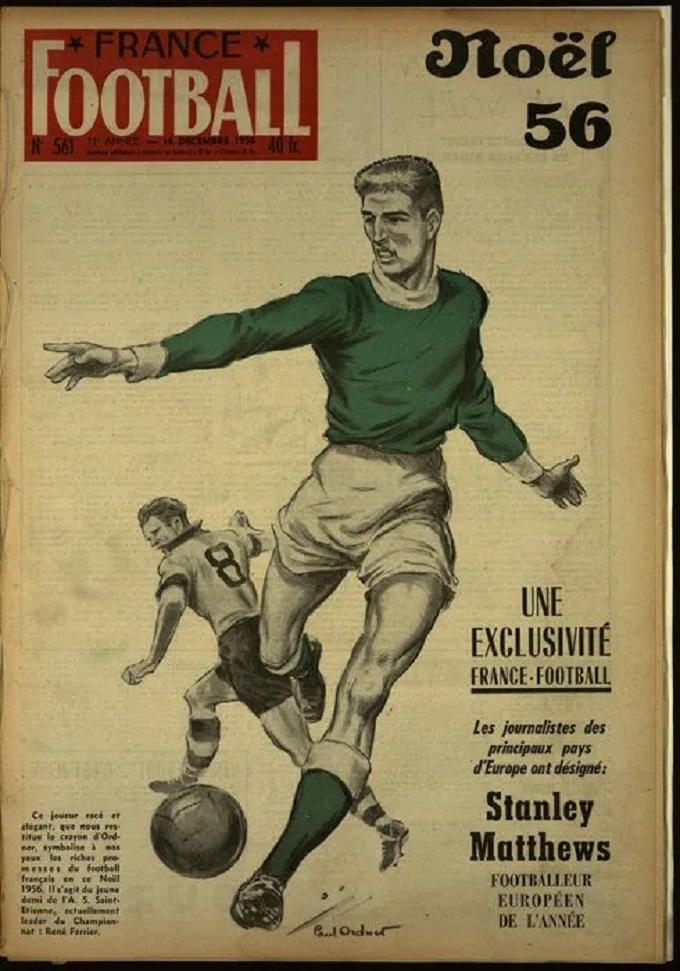 Trang bìa France Football tôn vinh Stanley Matthews đoạt Quả bóng vàng năm 1956
