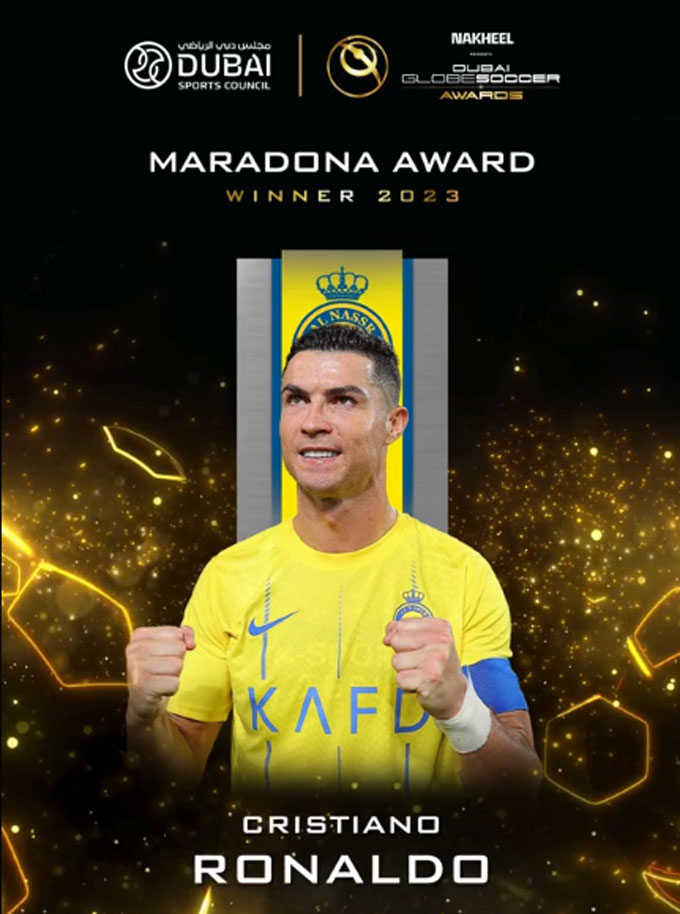 Ronaldo giành giải Maradona cho Cầu thủ ghi bàn xuất sắc nhất tại Dubai Globe Soccer Awards 2023