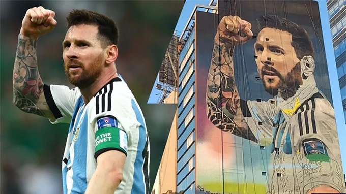 Bức tranh tái hiện pha ăn mừng của Messi ở trận gặp Mexico tại World Cup 2022