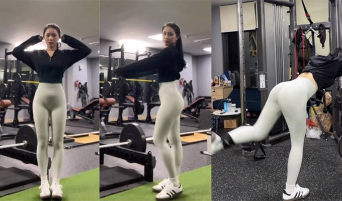 Bạn gái Nhâm Mạnh Dũng - Đồng Thị Hoa Mỹ trong bộ tập bó sát khi tập gym 