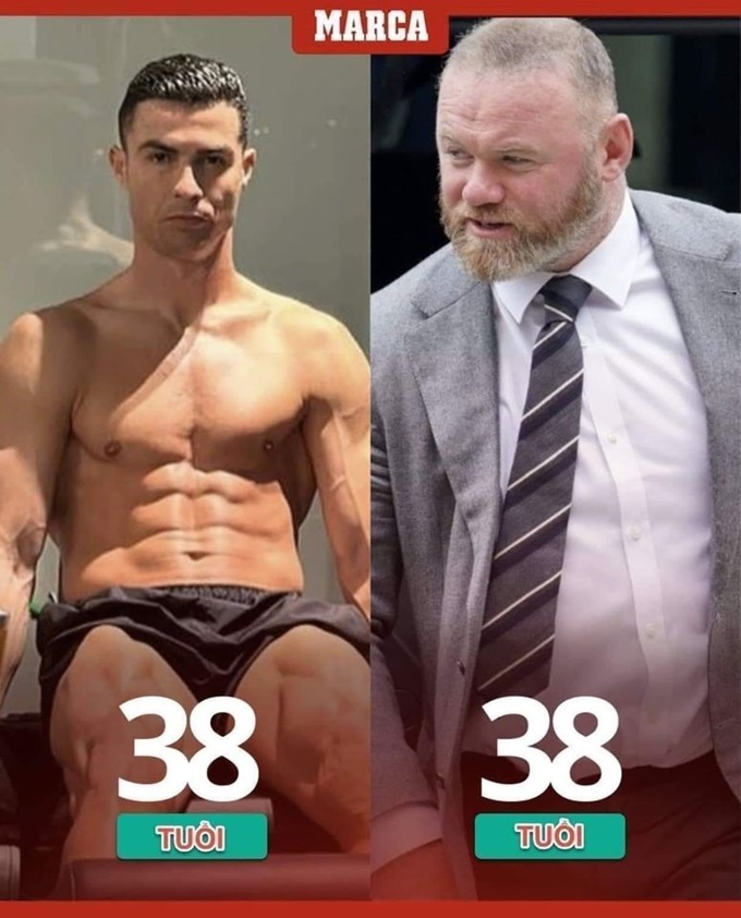 Ngoại hình khác biệt một trời một vực giữa Ronaldo và Rooney ở tuổi 38