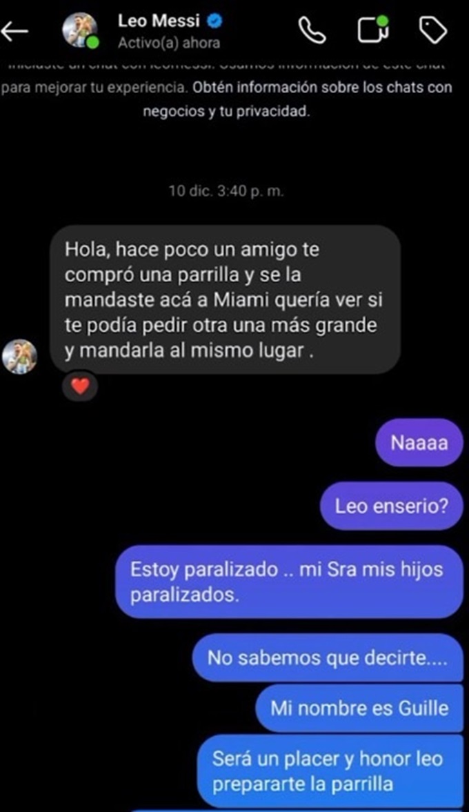 Guillermo bất ngờ vì nhận được tin nhắn đặt hàng từ chính Messi