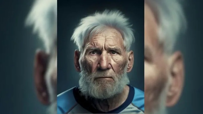 Messi ở tuổi 80 đã bạc trắng mái đầu và gương mặt đầy nếp nhăn