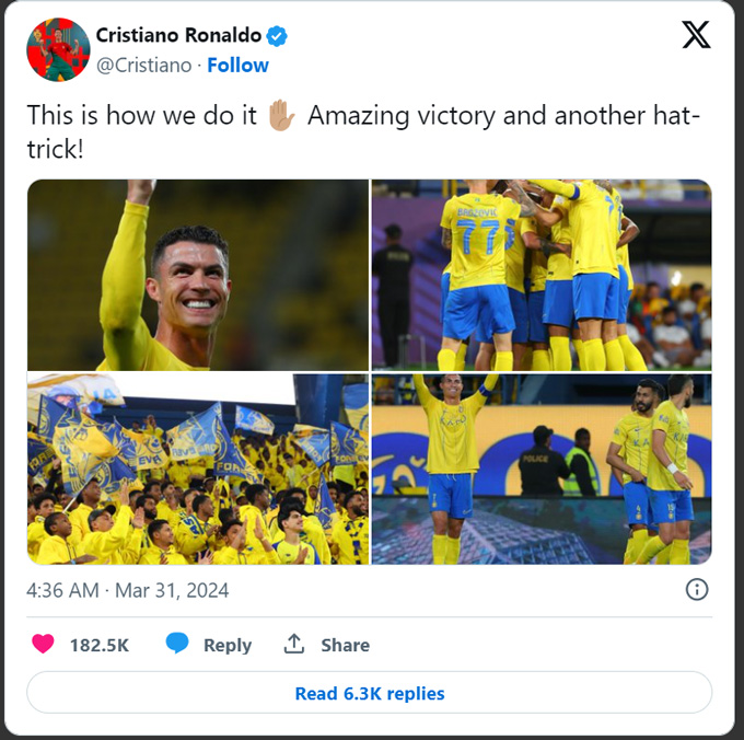 Bài đăng của Ronaldo trên trang cá nhân X