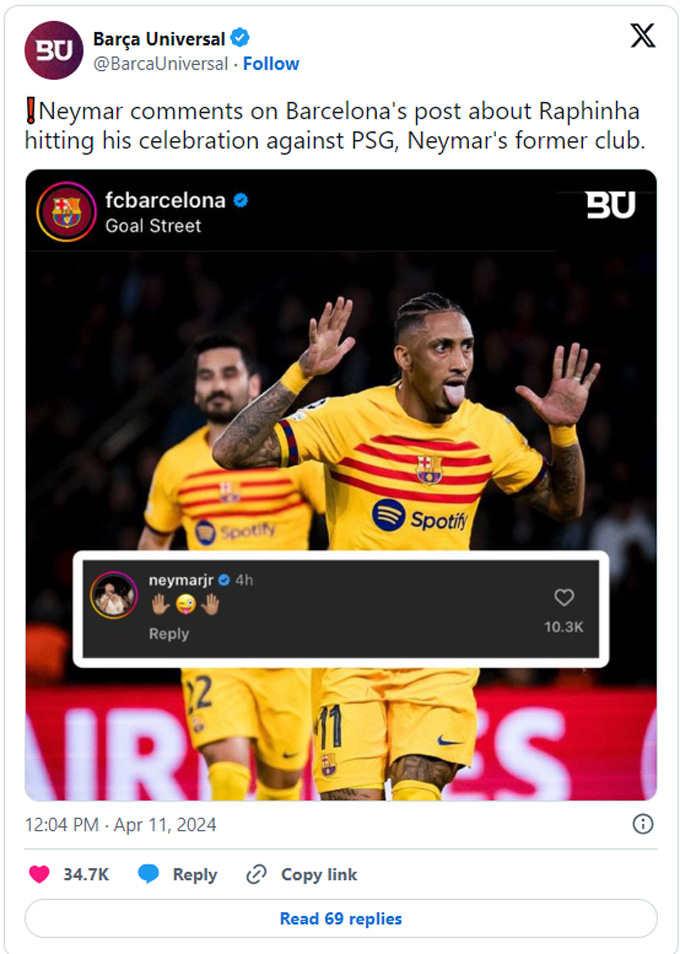 Neymar để lại bình luận trên dòng trạng thái của Barca