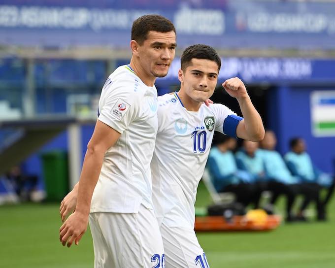 Niềm vui của các cầu thủ U23 Uzbekistan khi có bàn thắng 
