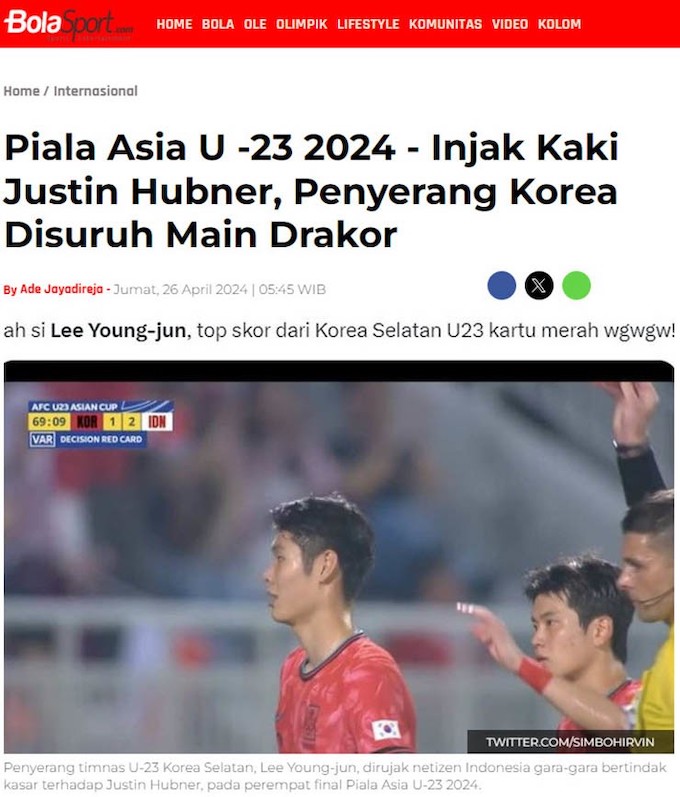 Tờ Bola Sport nói về chiếc thẻ đỏ của U23 Hàn Quốc