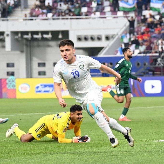 Niềm vui của Norchaev khi có bàn mở tỷ số cho U23 Uzbekistan. Ảnh: AFC