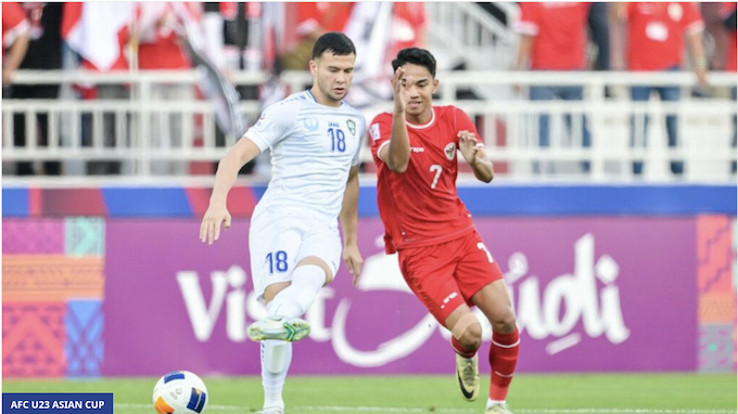 U23 Indonesia chơi ngang ngửa với đối thủ trong suốt thời gian của hiệp 1. Ảnh: AFC 
