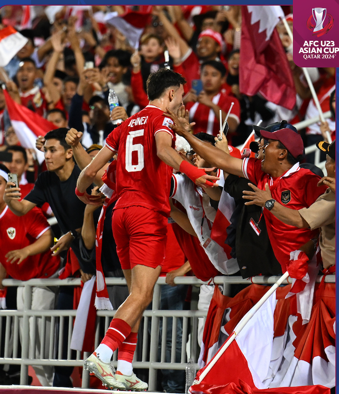 Sự phấn khích của Jenner khi có bàn mở tỷ số cho U23 Indonesia. Ảnh: AFC 