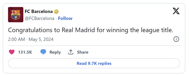 Thông điệp chúc mừng của Barca gửi tới Real sau trận đấu
