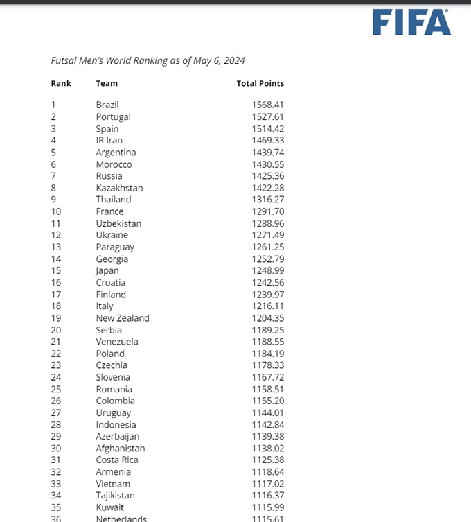 Trên bảng xếp hạng thế giới, ĐT futsal Việt Nam đứng thứ 33 