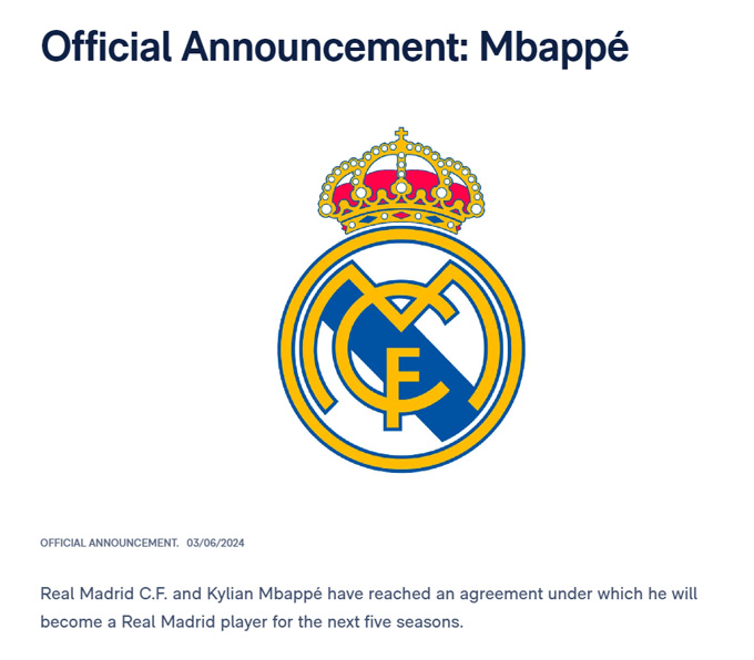 Trang chủ Real Madrid thông báo ngắn gọn thương vụ Mbappe