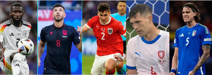 5 cầu thủ đá phản lưới nhà tại EURO 2024 (trái qua) Rudiger, Gjasula, Wober, Hranac và Calafiori