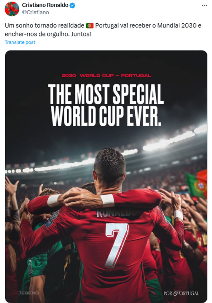 Ronaldo vui mừng khi Bồ Đào Nha đăng cai World Cup 2030
