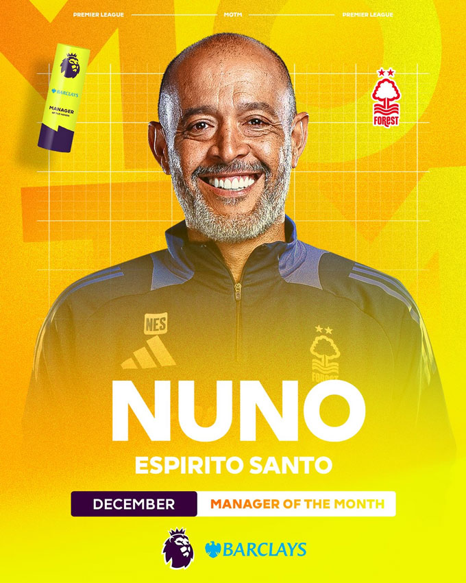 Nuno Santo là HLV xuất sắc nhất tháng 12/2024 và có lần thứ 6 được vinh danh