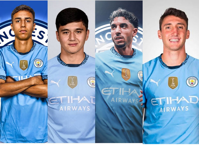 4 cầu thủ đang trên đường gia nhập Man City gồm (trái sang) Victor Reis, Abdukodir Khusanov, Omar Marmoush và Andrea Cambiaso