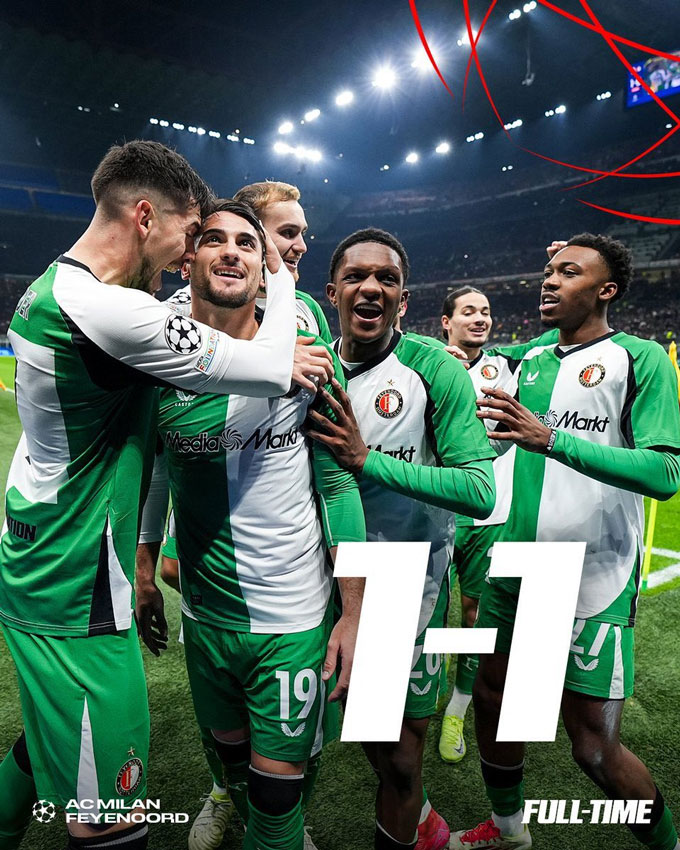 Milan bị Feyenoord cầm hòa 1-1 ở lượt về và chính thức bị loại