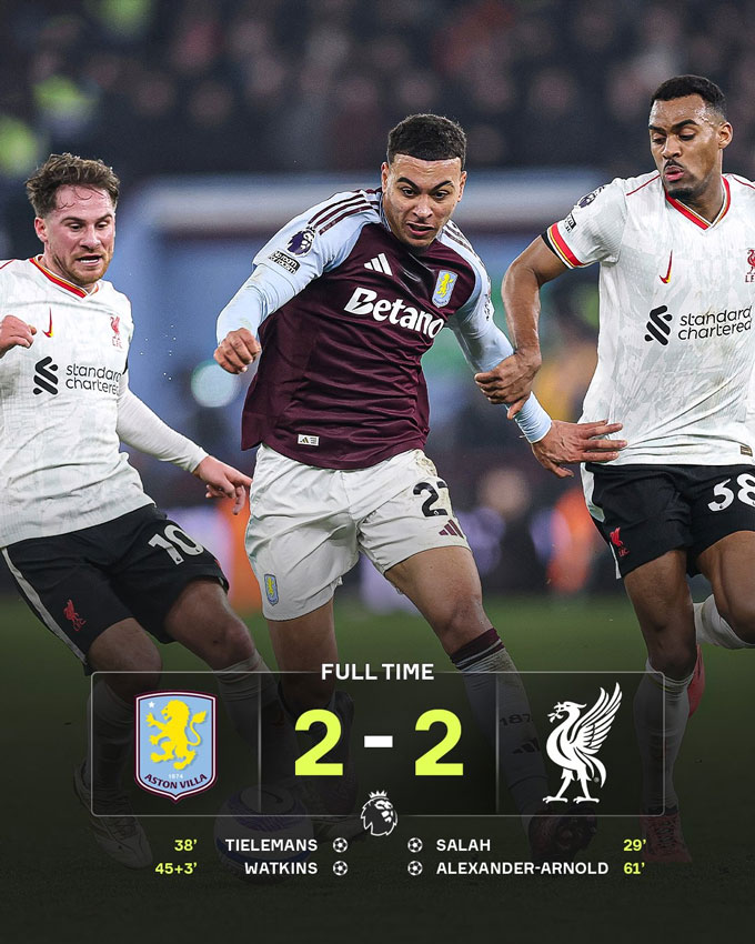 Liverpool bị Aston Villa cầm hòa ở vòng 26 Premier League 2024/25