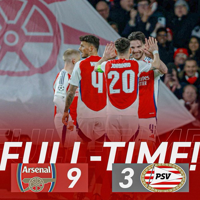 Arsenal vượt qua PSV với tổng tỷ số 9-3 sau 2 lượt trận