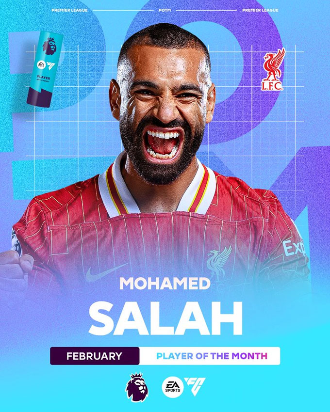 Salah được bầu là cầu thủ xuất sắc nhất tháng 2 tại Premier League