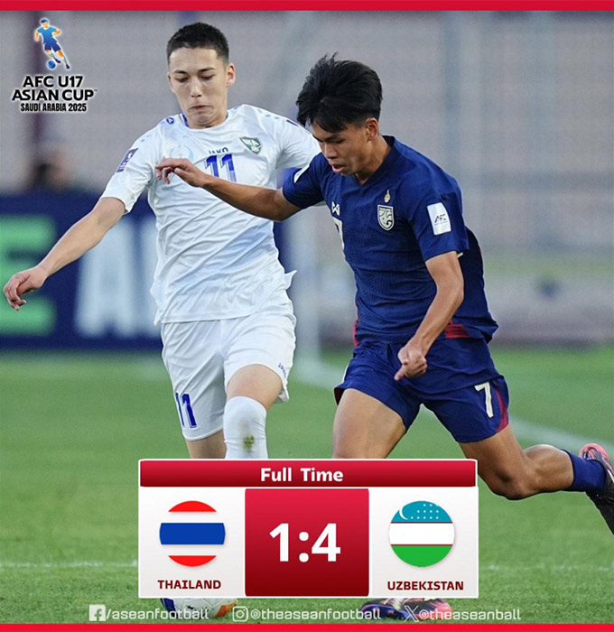 U17 Thái Lan nhận thất bại với tỷ số đậm trước Uzbekistan trong ngày ra quân U17 châu Á 2025 
