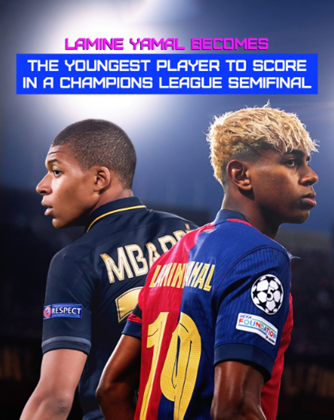 Yamal phá kỷ lục của Mbappe và trở thành cầu thủ trẻ nhất ghi bàn ở vòng bán kết Champions League