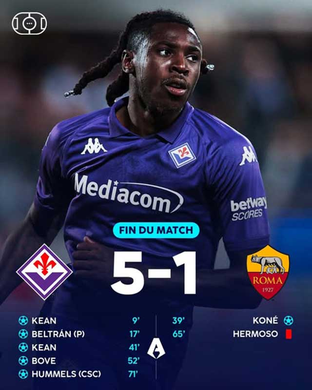 Roma từng thúc thủ 1-5 trên sân Fiorentina 6 tháng trước