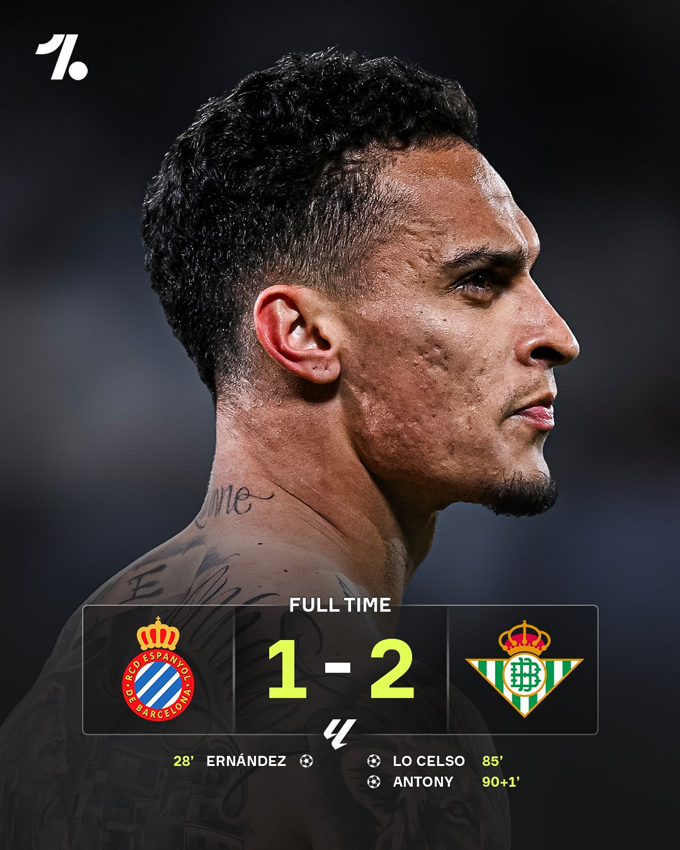 Antony ghi bàn phút bù giờ giúp Betis đánh bại Espanyol